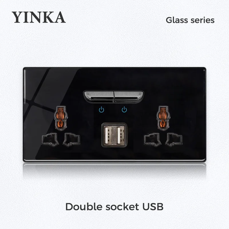 YINKA Tempered Glass Switch Panel LED Indicator 1-4Gang Light Switch EU 2USB Wall Sockets Push Button Hight Quality Wall Switch