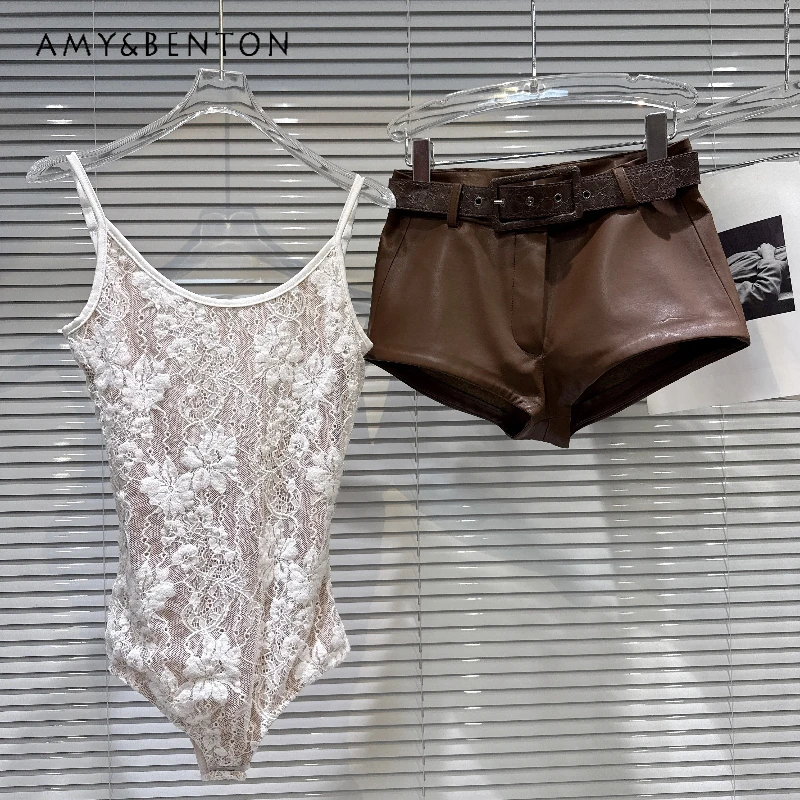

2026 Spring Fashion White Lace Women's Jumpsuit Tank Top French Retro Design Sweet Cool Hot Girl PU Leather Shorts Set Ladies