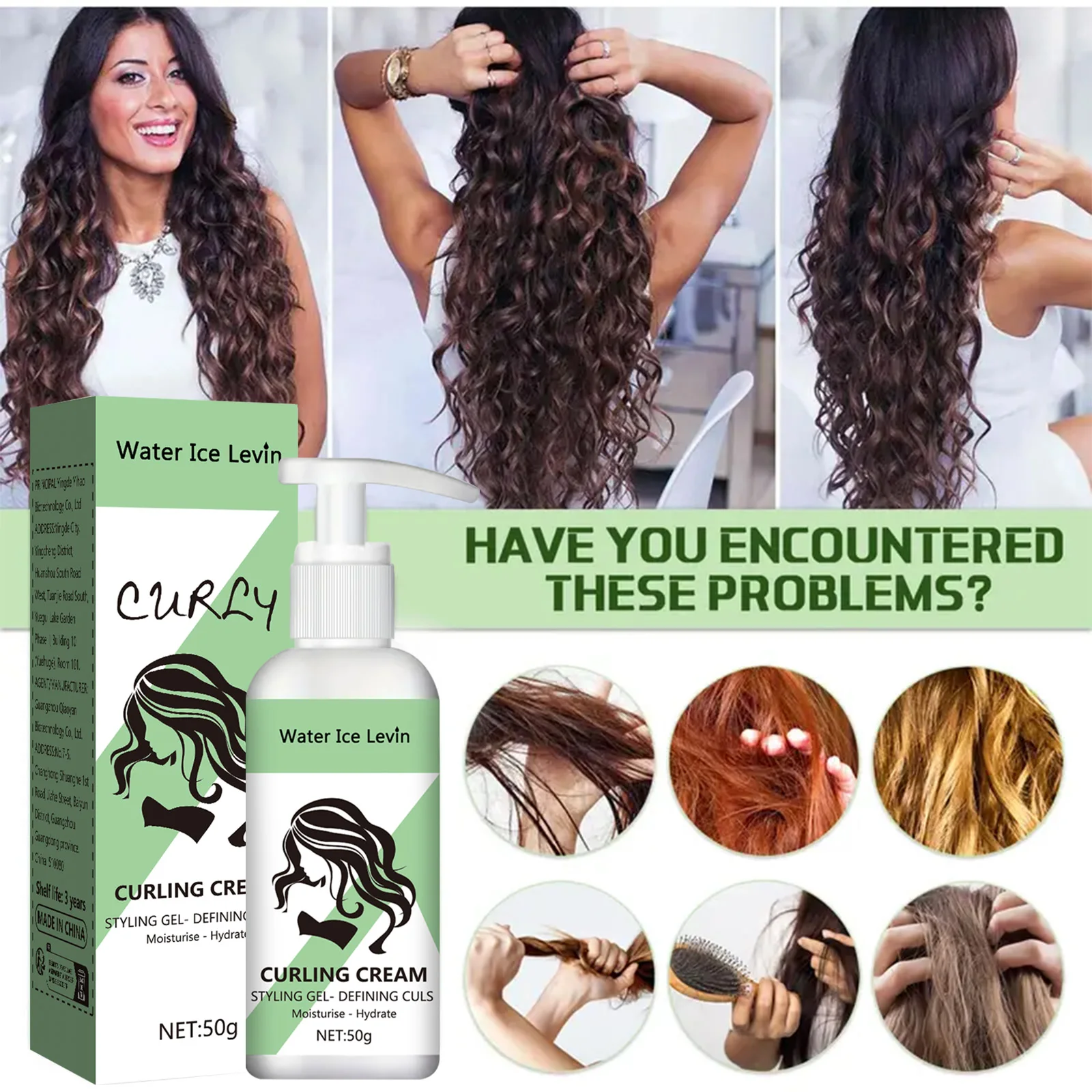 Water Ice Levin Curling Cream Styling Gel Defining Curls Moisturising Hydrate Soft Flexible Feel Curly Hair Care 50g
