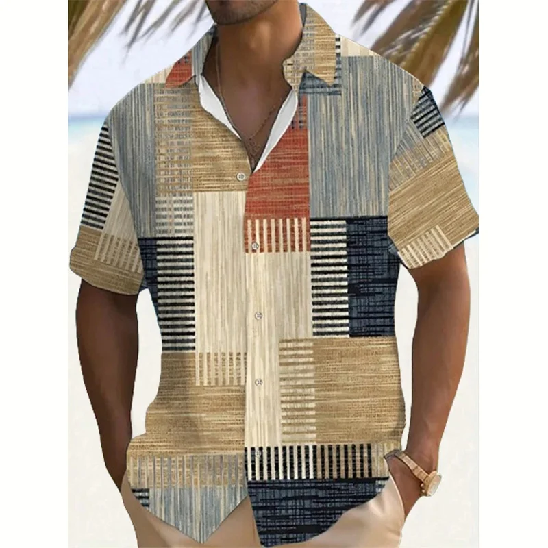 Retro Plaid Pattern Hawaiian Shirt Men Splicing 3D Printed Blouse Short Sleeve Streetwear Unisex Loose Lapel Tops Aloha Shirts
