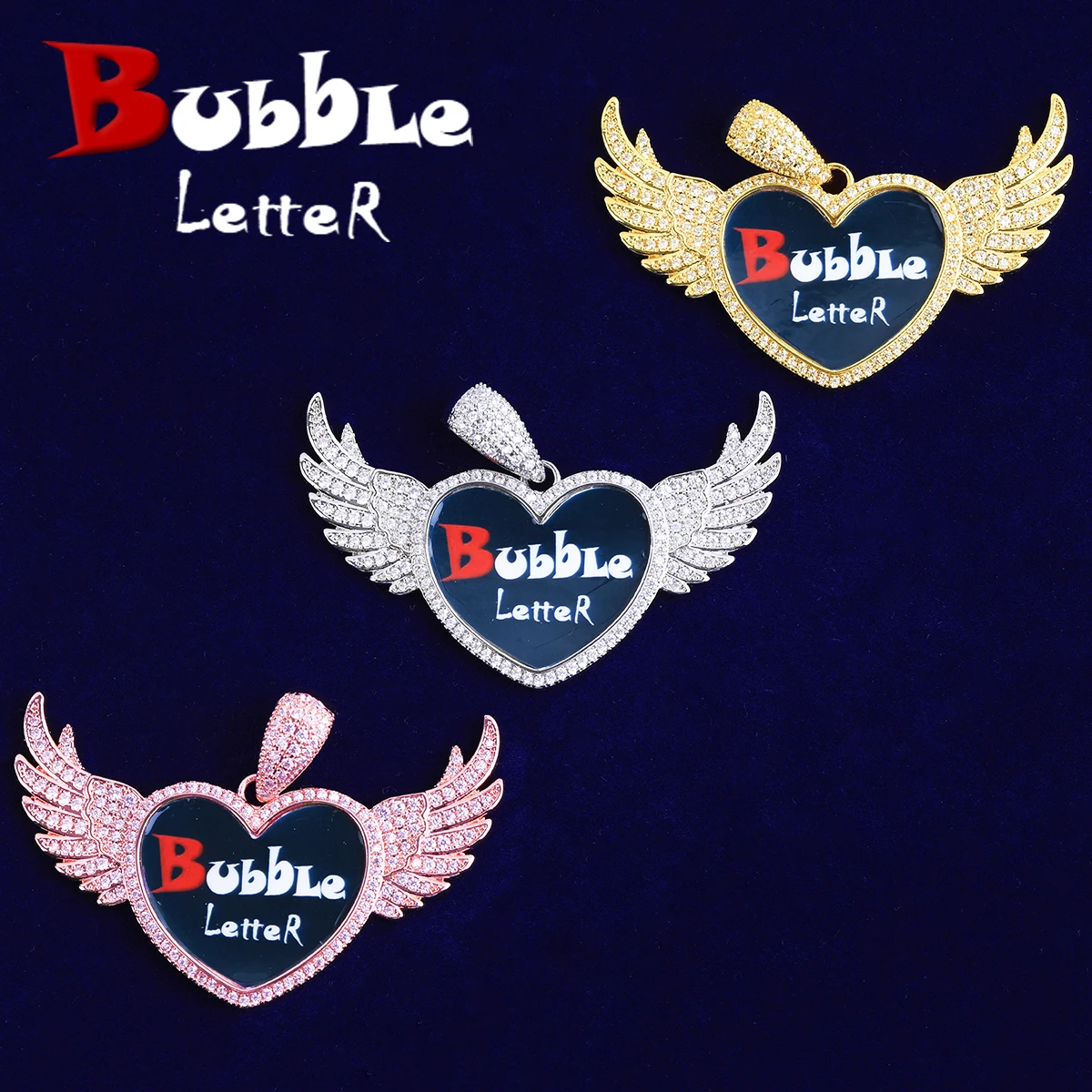 

Пузырьковая буква Iced Out Wing Heart с твердой спинкой, ожерелье с индивидуальной фотографией, кулон для мужчин, настоящие позолоченные ювелирные изделия в стиле хип-хоп класса 5А