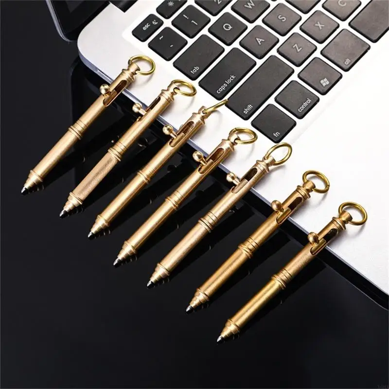 X6HA Action Pen Brass Ballpoint Pen with Key Ring Smooth to Write for Men Women