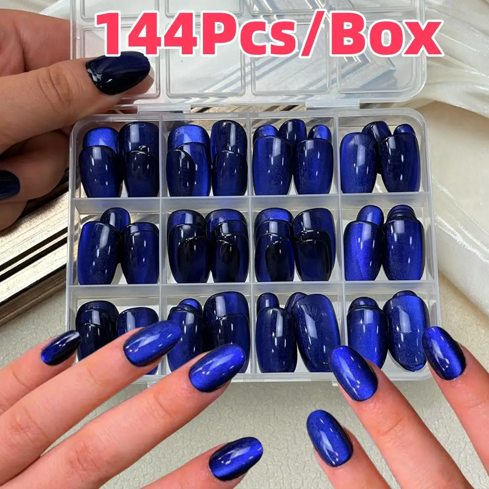 144 Stück/Box Saphirblaue Katzenaugen-Kunstnägel, kurze ovale Vollabdeckung zum Aufdrücken, glänzende Katzenaugen-Nägel, tragbare falsche Fingertips