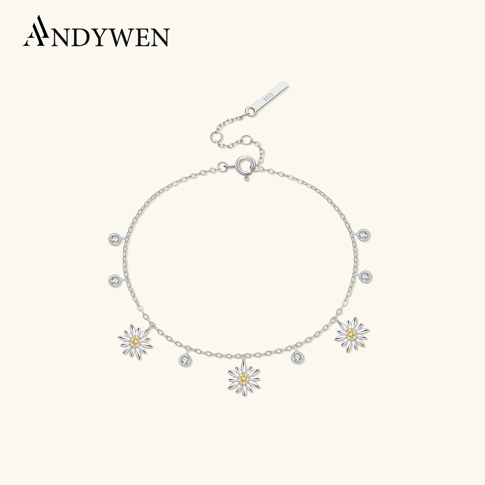 

ANDYWEN браслет из стерлингового серебра 925 пробы с цветком для женщин, милая цепочка с цветочным принтом и желтым цирконом, изящный свежий стильный ювелирный подарок