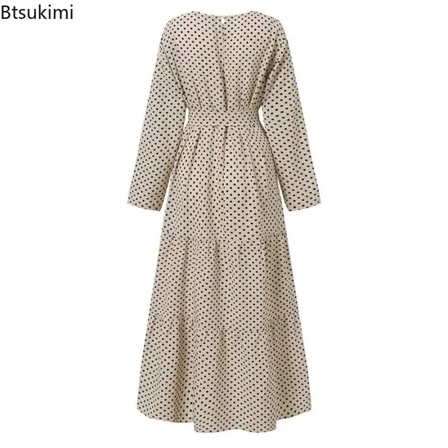 2024 Women Polka Dot Long Sleeve Dress Stylish Belts Party Robe Loose Maxi Dress Woman Muslim Kaftan Morocco Abaya Hijab S-5XL