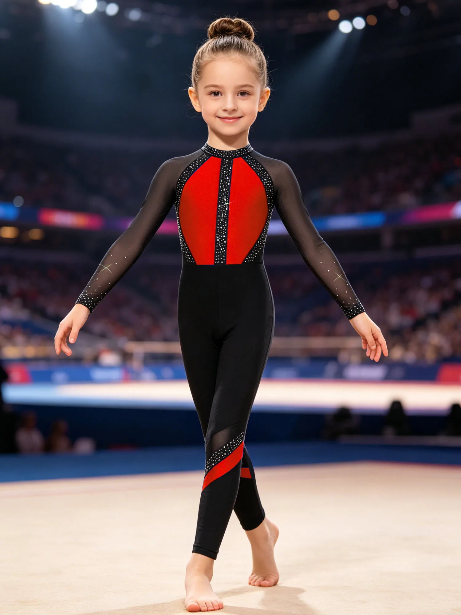 Girls Ballet Dance Gymnastics Leotard Long Sleeve Mesh Rhinestones Full Body Unitards Skating Acrobatics Yoga Training Jumpsuit