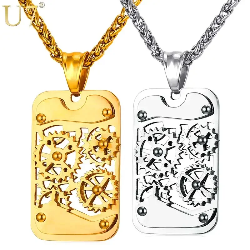 

U7 Brand Steampunk Gear Rotatable Pendant & Necklace Statement Black Stainless Steel Gold Color Chain For Men Kpop Jewelry P929