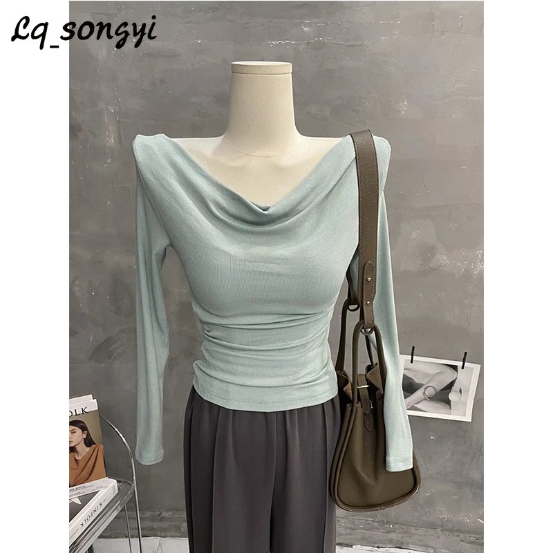 

Sexy Hottie ! Elegant Pleated Neck Long Sleeve T Shirt Women Irregular Off Shoulder Top Lq_songyi Design Sense Slim Fit Top