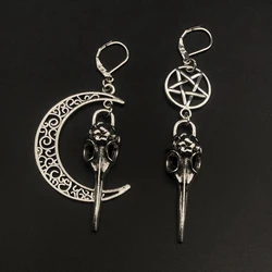 Vintage Asymmetric Earrings Crow Skull Earring Pentagram Moon Witchy Crescent Moon Earrings,Wiccan Goth Pagan,Steampunk Jewelry