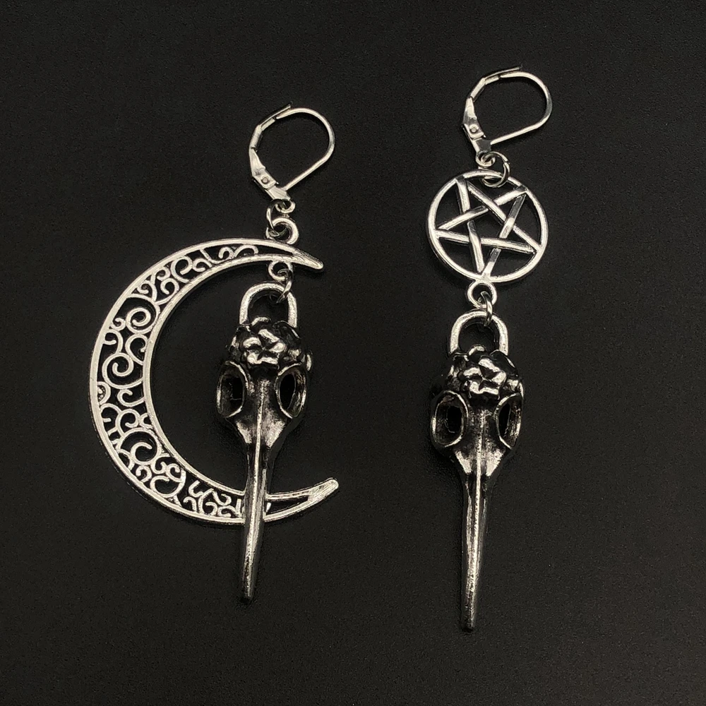 Vintage Asymmetric Earrings Crow Skull Earring Pentagram Moon Witchy Crescent Moon Earrings,Wiccan Goth Pagan,Steampunk Jewelry