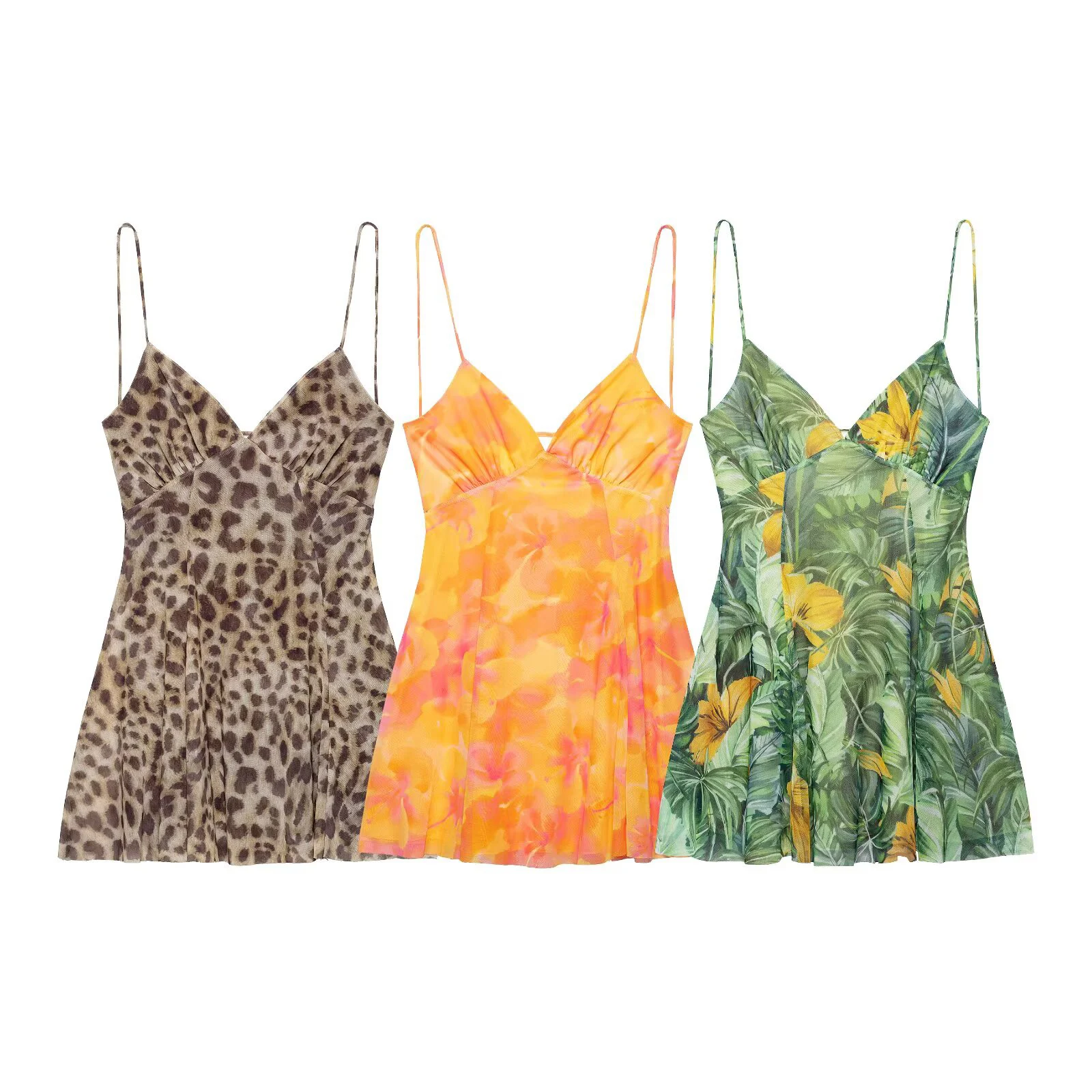 Frauen Sommer Neue Stil Modische Temperament Kleine Gedruckt Seide Mesh V-ausschnitt Backless Hosenträger Kurzes Kleid