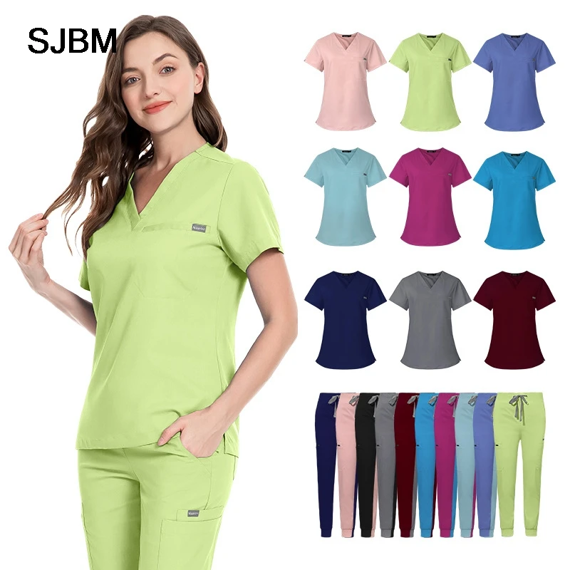 医療用スクラブセット、看護師用スクラブスーツ、病院医師用作業服、多色ジョギングトップパンツ、卸売医療サービススクラブ