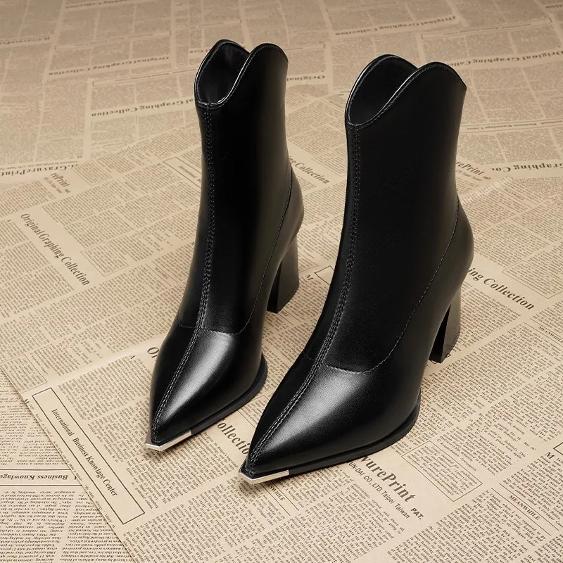 2024 Winter Sexy Women Leather Boots Luxury Pointed Brand Toe Chelsea Ankle Boots New Trendy High Heels Zipper Goth Pumps Shoes