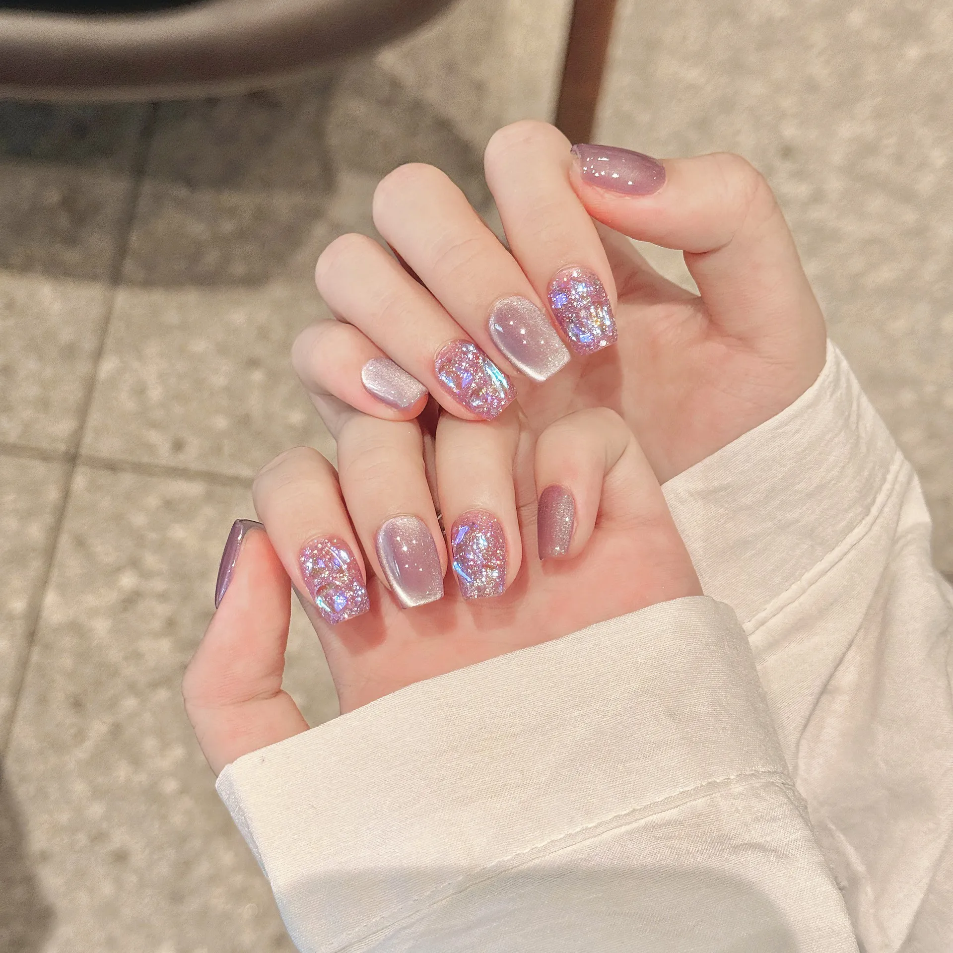 手作りのフェイクネイル,ラインストーン,プレス,氷,透明,青,キャッツアイ,スター,取り外し可能,光沢,ショート,着用可能