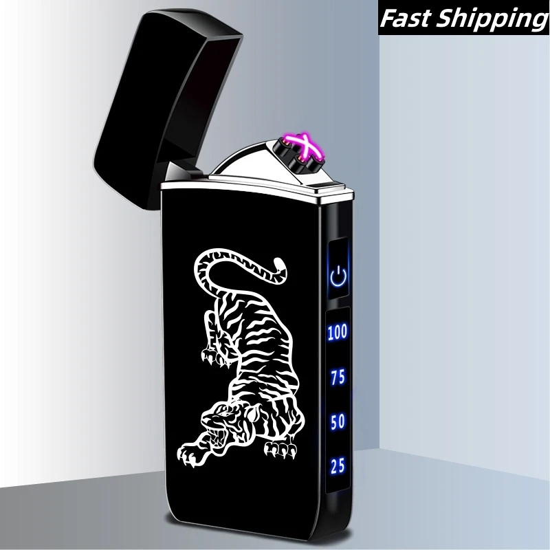 New Metal Electric Windproof Double Arc Pulse Flameless Lighter Plasma USB Charging Lighter Touch Sensing Digital Power Display