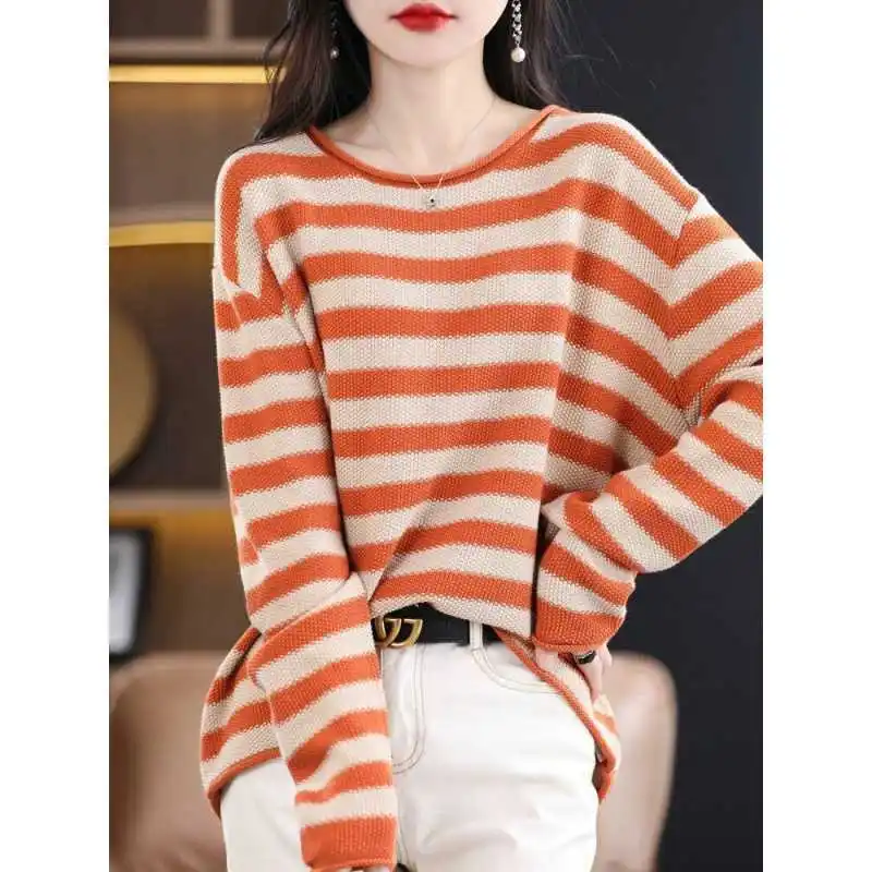 Autumn Winter New Fashion Round Neck Long Sleeve Striped Pullovers Women\'s Clothing Loose All-match Korean Sweaters Chic Tops