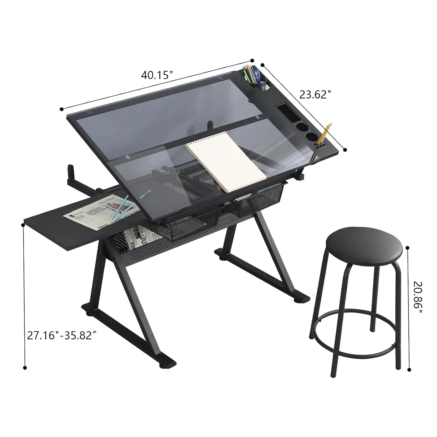 Black Drafting Table Desk w/Stool, Painting Table Art Craft Desk Crafting Table with Tilting Tempered Glass Top, 2 Storage Drawe