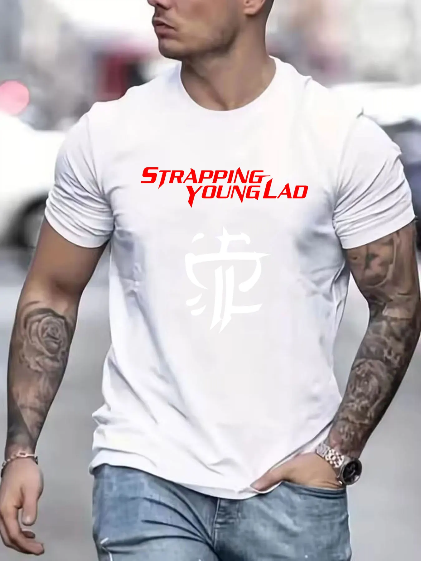 Men's Pure Cotton Strapping Young Lad Graphic T-Shirt, Casual Rock Band Print Short Sleeve Tee for Daily Wear