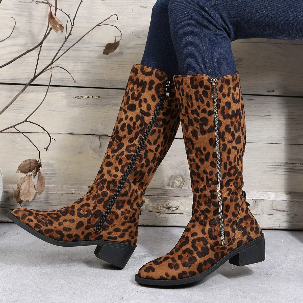 Brown Leopard High Boots Women Boots Platform Shoes for Women  Autumn Winter Sexy Mid-calf Cowboy Riding Boots Botas Mujer 2024