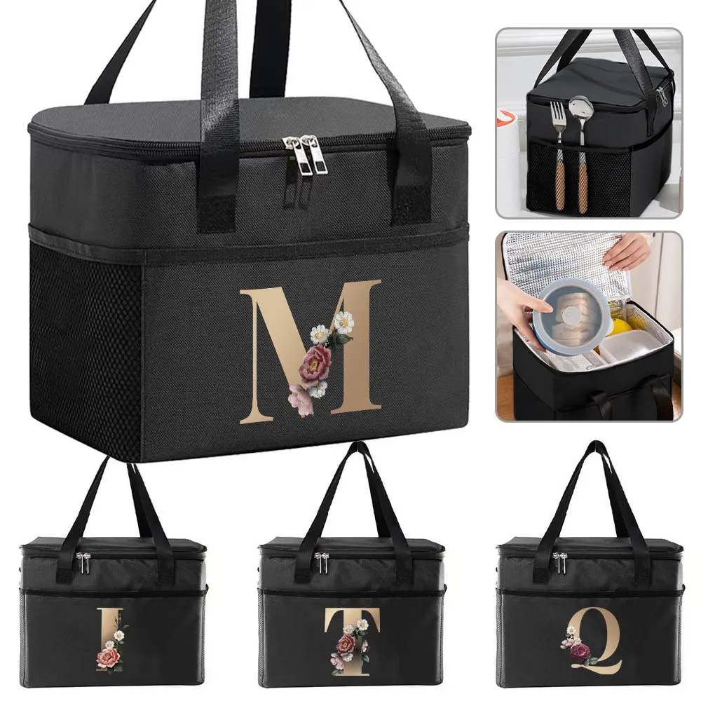 Bolsa térmica, bolsas de almuerzo portátiles, bolsa térmica aislada, bolsas Bento para comida, impresión de letras doradas, bolsas de hielo para almacenamiento de Picnic de viaje