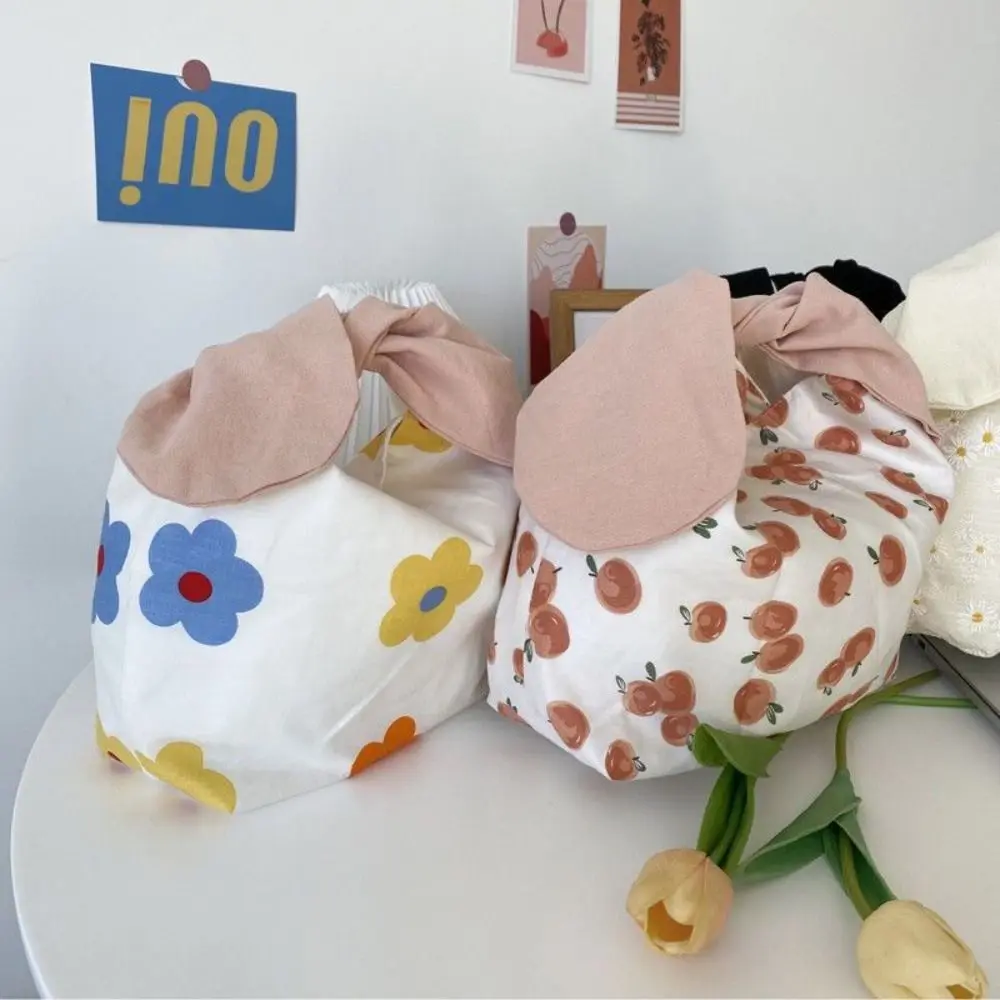 Niedliche Hasenohren Damen Handtasche Tragbare Leinwand Picknick Lunchtaschen Einkaufen Falten Schleife Aufbewahrungstaschen