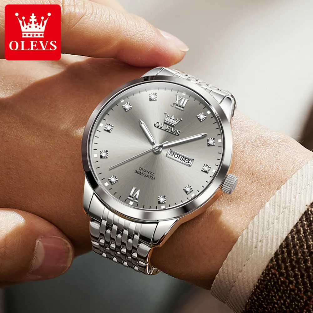 OLEVS 高級グレーダイヤルメンズ時計防水発光カレンダー週スポーツマン腕時計ステンレス鋼メンズクォーツ時計