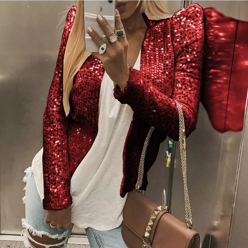 

2023 Spring New Solid Color Sequin Coat Short Women's Fashion Standing Collar Casual Versatile Small Coat Denim Jacket Women