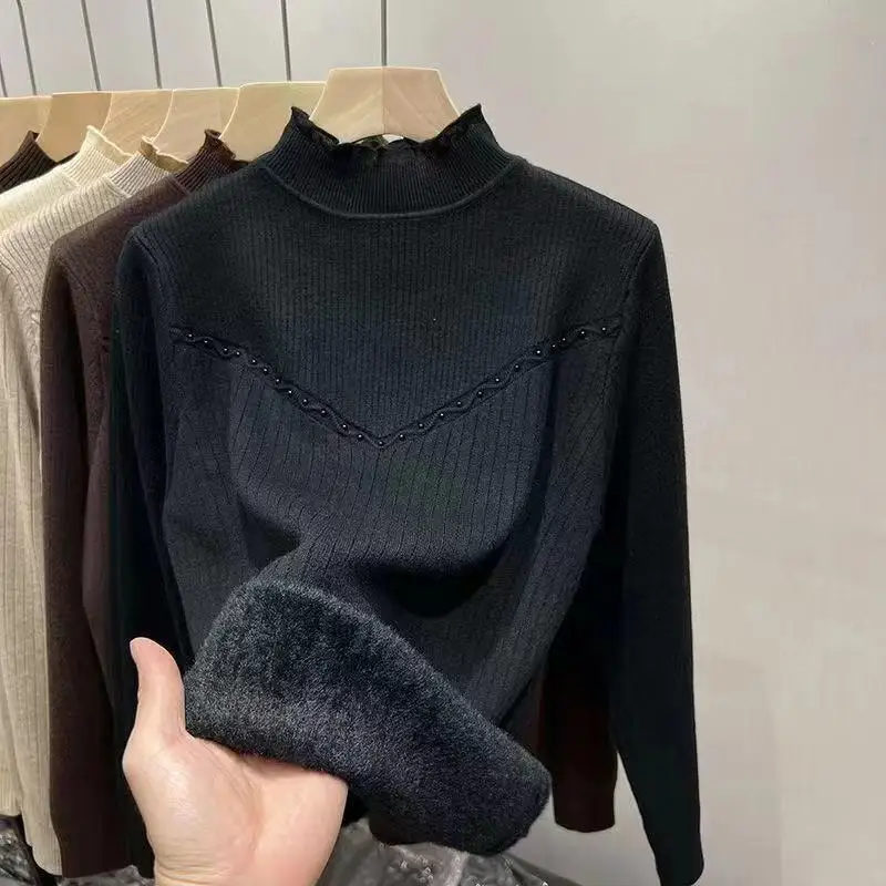 Autumn Winter Fashion Half High Collar Long Sleeve Solid Pullovers Women\'s Clothing Knitting Sweaters Embroidered Flares Tops