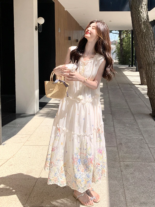 Sweet Floral Print Long Dr Women's Summer 2025 New Sle High Waist A-Line Skirt without Sve round Ne Gored Skirt