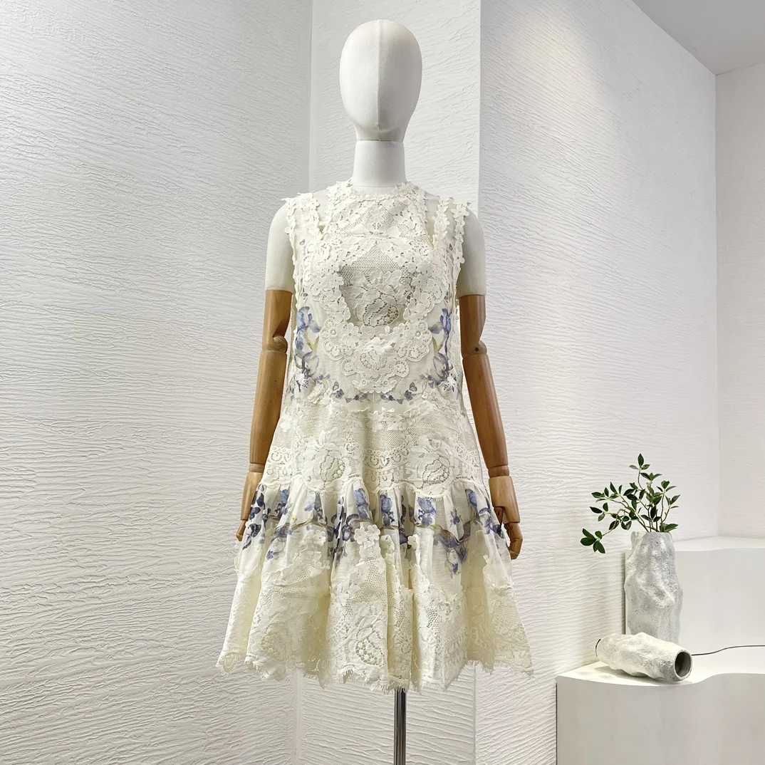 

Белый кружевной лоскутный жилет без рукавов с цветочным принтом, мини-жилет и комплект платьев 2025 года, новый дизайн