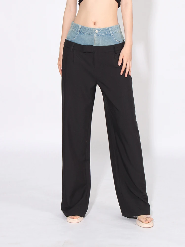 Two winstyle Hit Farbe Patchwork Taschen Freizeit hose für Frauen hohe Taille gespleißt Reiß verschluss Vintage weites Bein Hose weibliche Mode