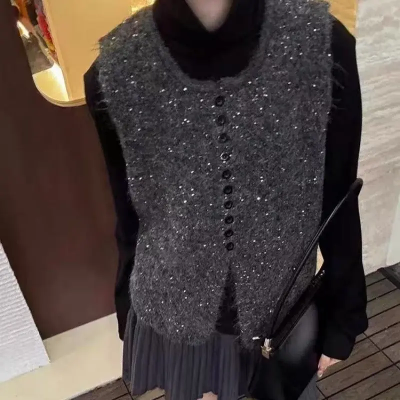 

Koja New Winter 2025 iny Sequin Woolen Knitted Vest round Ne Svel Single Button Warm Casual Inner Wear for Women