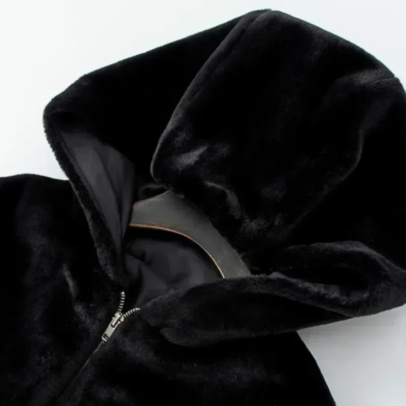 Autumn Winter Faux Rabbit Fur Bomber Teddy Coat Zipper Streetwear High Waist Furry Hooded Plush Jacket Cardigan Fleece Parkas view 4