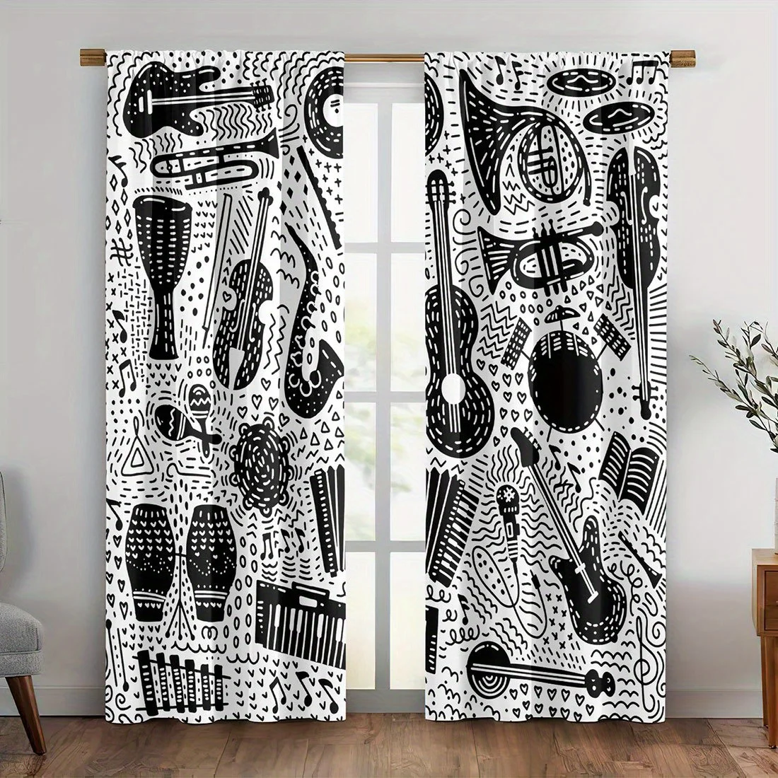 Bohemian Music Curtain Black White Jazz Guitar Instruments Drapes Window Treatment for Living Room Bedroom Polyester