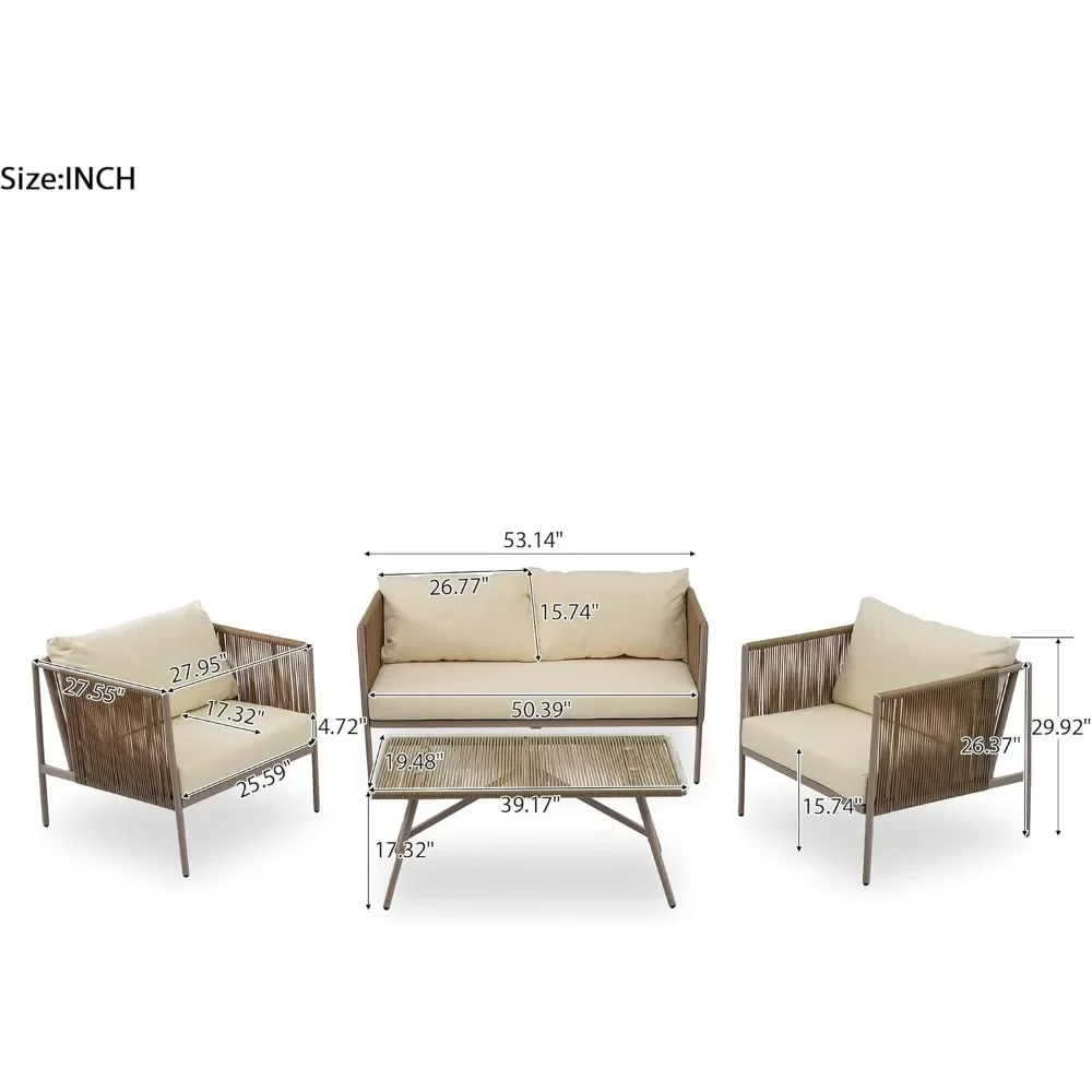 4 Persons Rattan Loveseat, 4 Piece Patio Conversation Set, Outdoor Rope Sofa Set with Thick Cushions and Toughened Glass Table