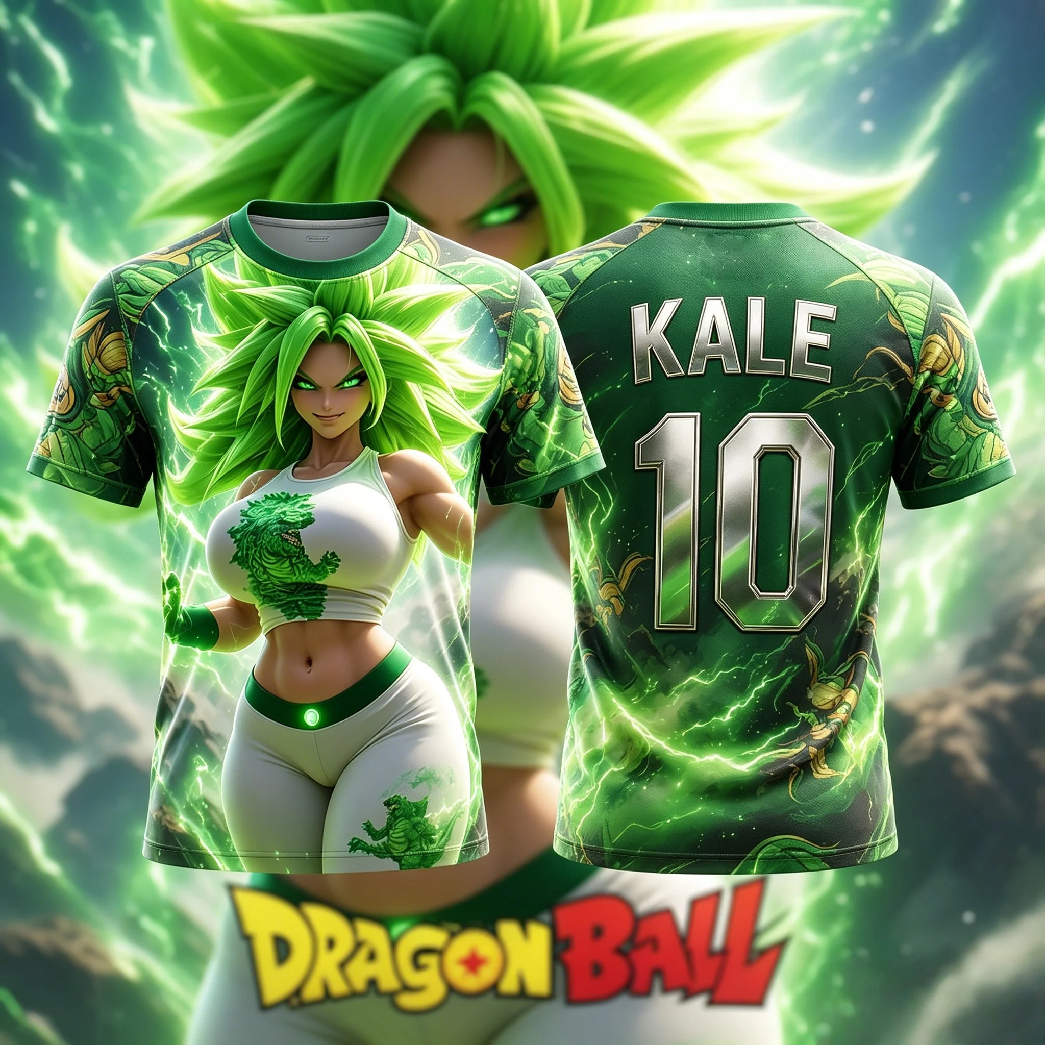 Camiseta de Fútbol para Hombre con Estampado de Aura Verde Relámpago de Dragon Ball Super Kale No. 10, Secado Rápido, Transpirable, para Fanáticos del Anime