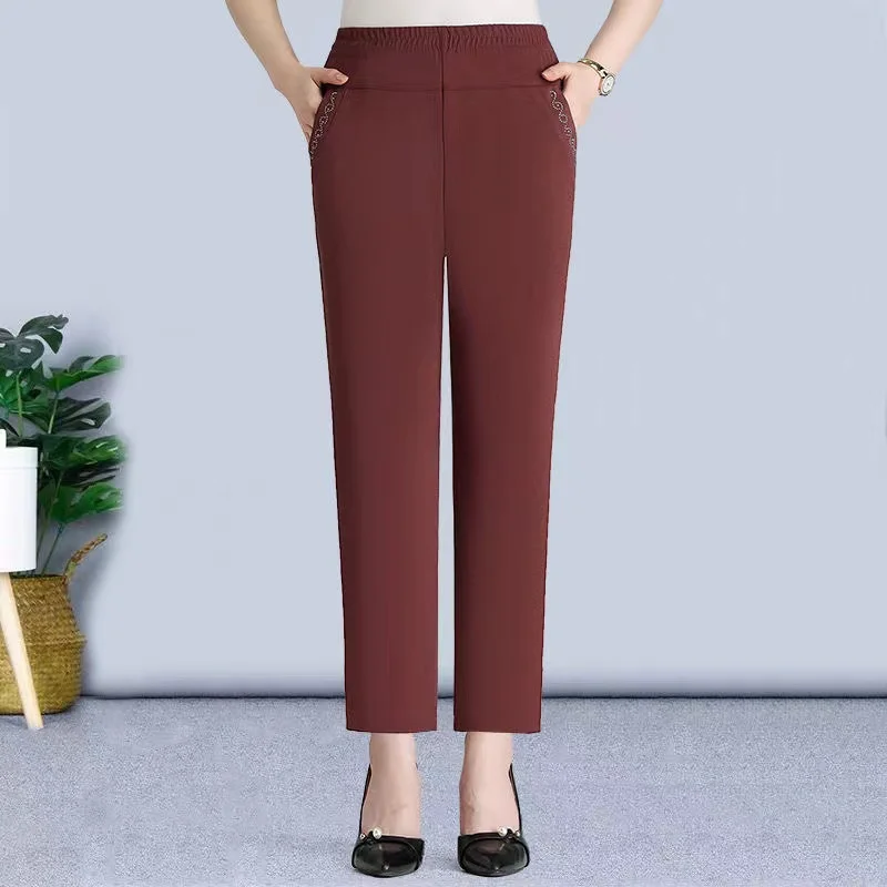 سراويل غير رسمية مرنة عالية الخصر رفيعة للربيع والصيف للنساء في منتصف العمر وكبار السن سراويل مريحة فضفاضة مستقيمة الساق