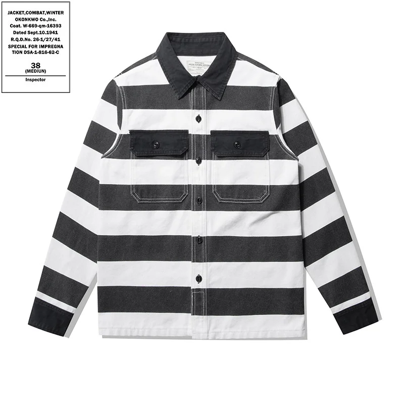 

OKONKWO 16oz Heavyweight Prisoner Striped Jacket Thick Canvas Motorcycle Coat Outdoor Trekking Camping Hunting AMIKAJI Shirt