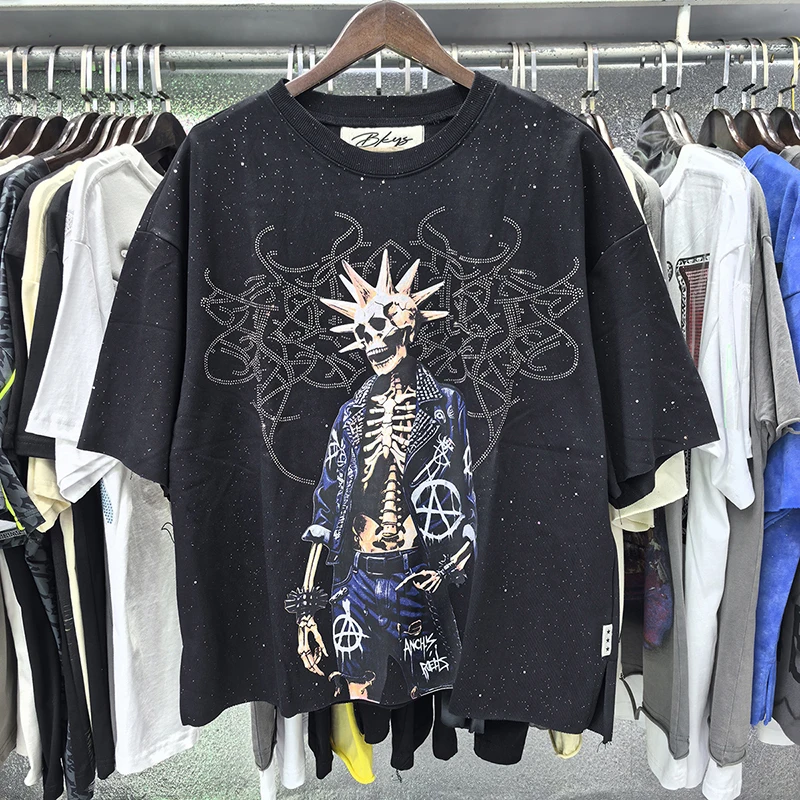 

Washed BKYS On Fire Revival F-Terry Cropped T Shirt Street Fashion Mens Womens High Quality Casual Style Hot Drilling Tee