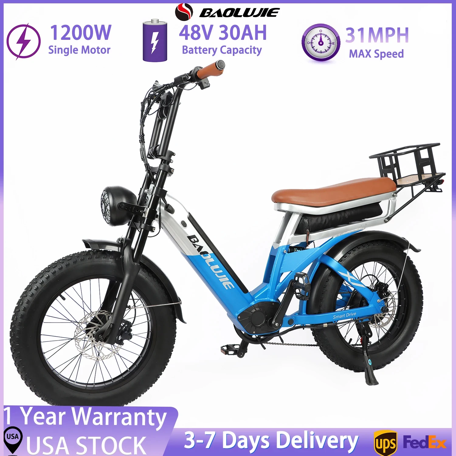 BAOLUJIE Electric Bicycle 2000W 48V30ADetachable Dual Batteries 20-Inch Wide Tires Adult Mountain Off-road Electric Bike
