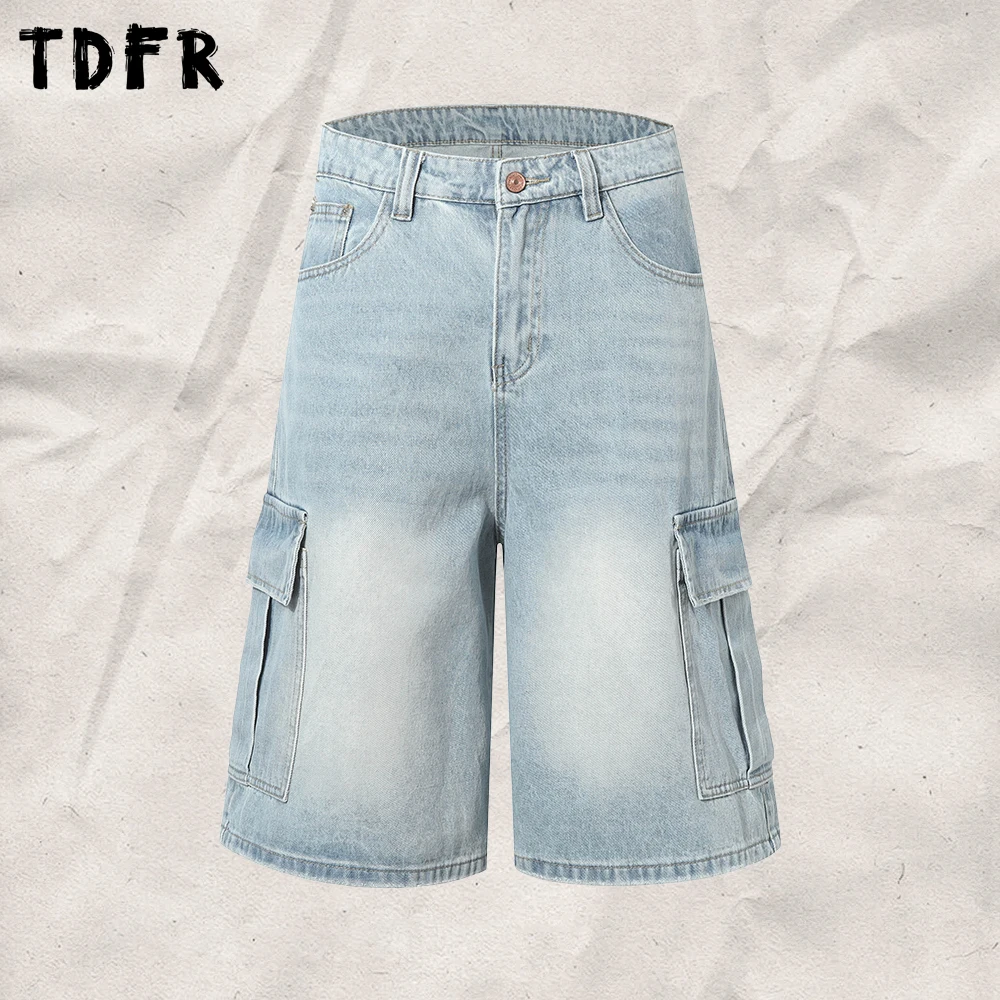 

Multi-Pocket Denim Shorts Mens Casual Washed Distressed Wide Leg Cargo Pants Man