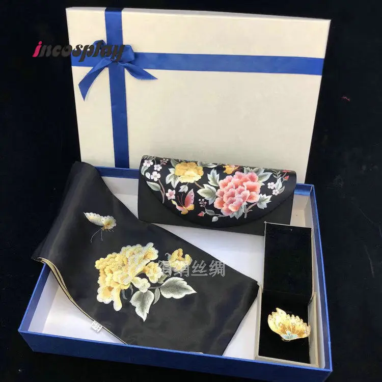 Chinese Embroidery Silk Scarf, Scarf Buckle & Evening Clutch 3Pcs Gift Box Set, Exquisite Luxury Present view 4
