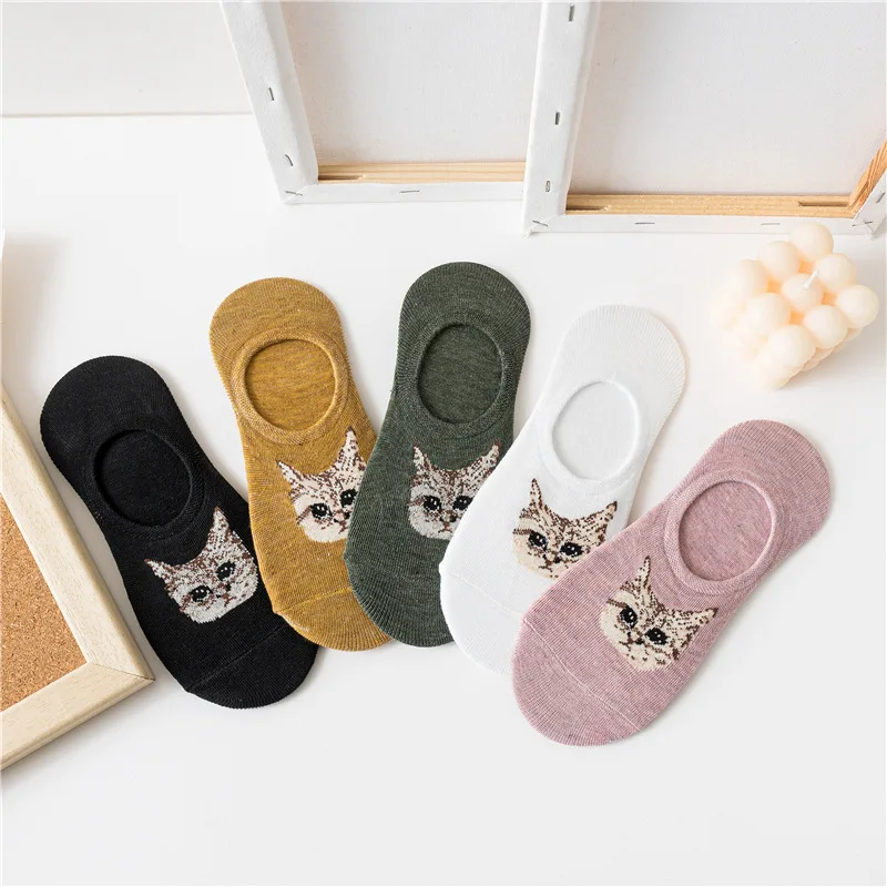

5 Pairs Cat Pattern Dark Floral Socks - Concealed Low-Profile, Slip-Resistant Heel, Charming Kitty for Year-Round Wear