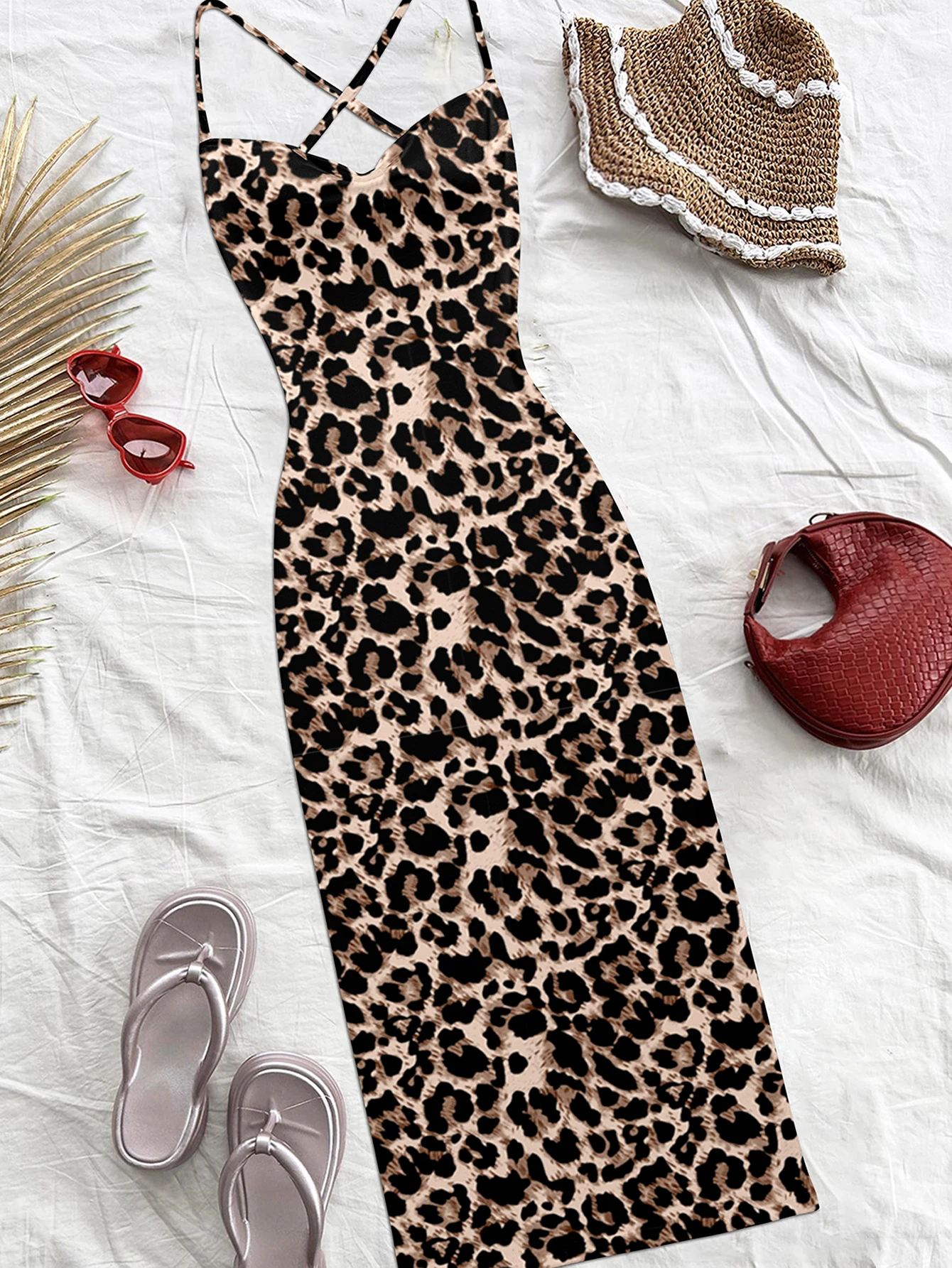 Feste sexy da donna Vacanze serate Stampa leopardata con spalle scoperte Maxi elastico in poliestere spandex Abito nero/marrone