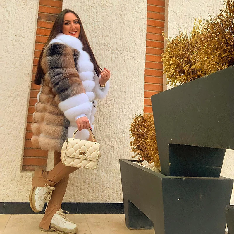 Cappotto di pelliccia di volpe naturale di colore a contrasto donna inverno addensare o-collo capispalla dritto di lusso genuino vera pelliccia di volpe giacca femminile