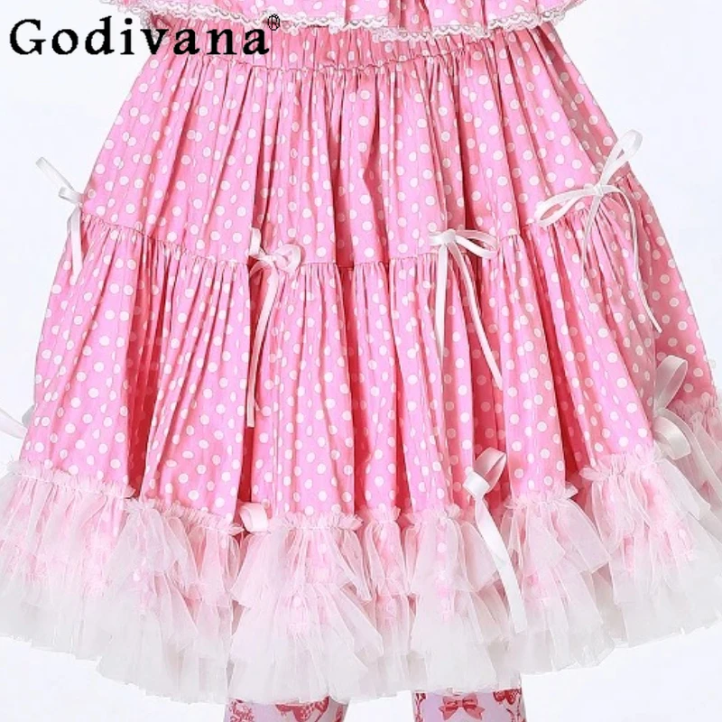 

Cute Japanese Vintage Lolita Pink Elastic High Waist Skirt Summer New Female Sweet Bow Elegant Lace Splicing Daily Knee Skirts