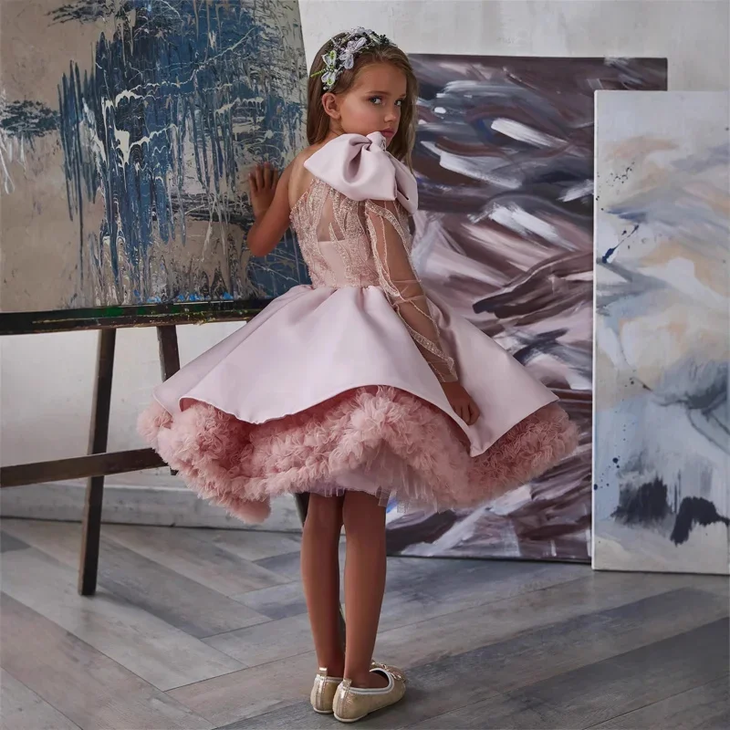 Girls' New Single-Shoulder Bow Fashionable High-End Piano Performance Little Host Party Princess Dress