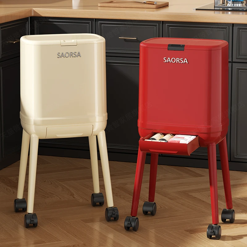 Hands Free Tall Legged Trash Can Kitchen Living Room Luxury Large Capacity Movable Lid No Bending Required Multifunction Bin