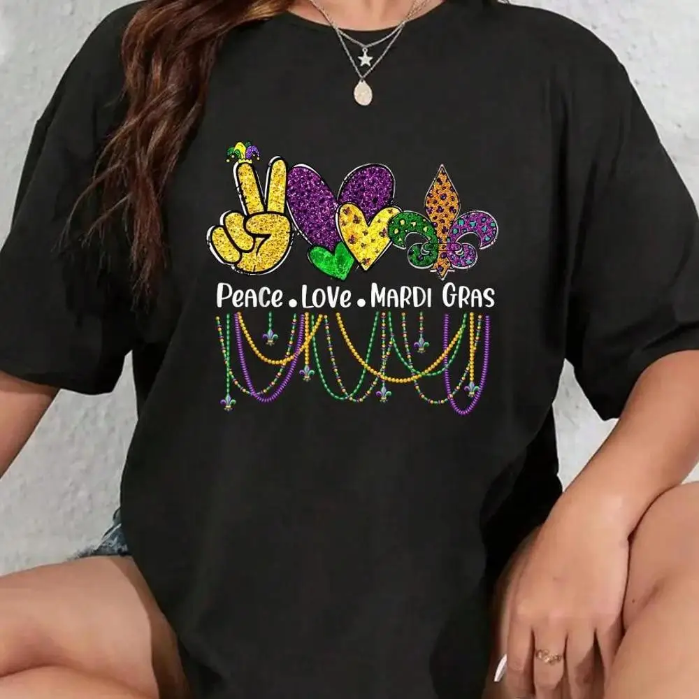 100_ Cotton Peace Love Mardi Gras Beads For Women Carnival Parade T-Shirt Men s Women s Soft Breathable Tee Classic Fashion Summer Tops