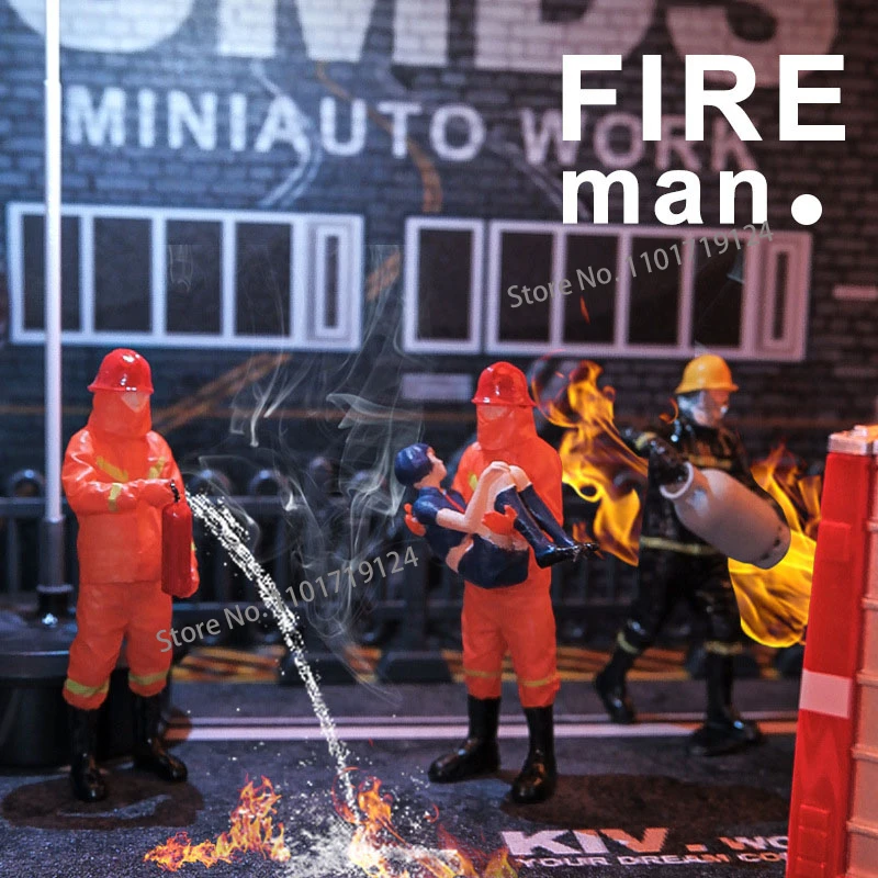 1/32 Diorama Miniature Fireman Firefighter Figure Model Car Garage Figurine Display Model City Street View Scene Display Prop